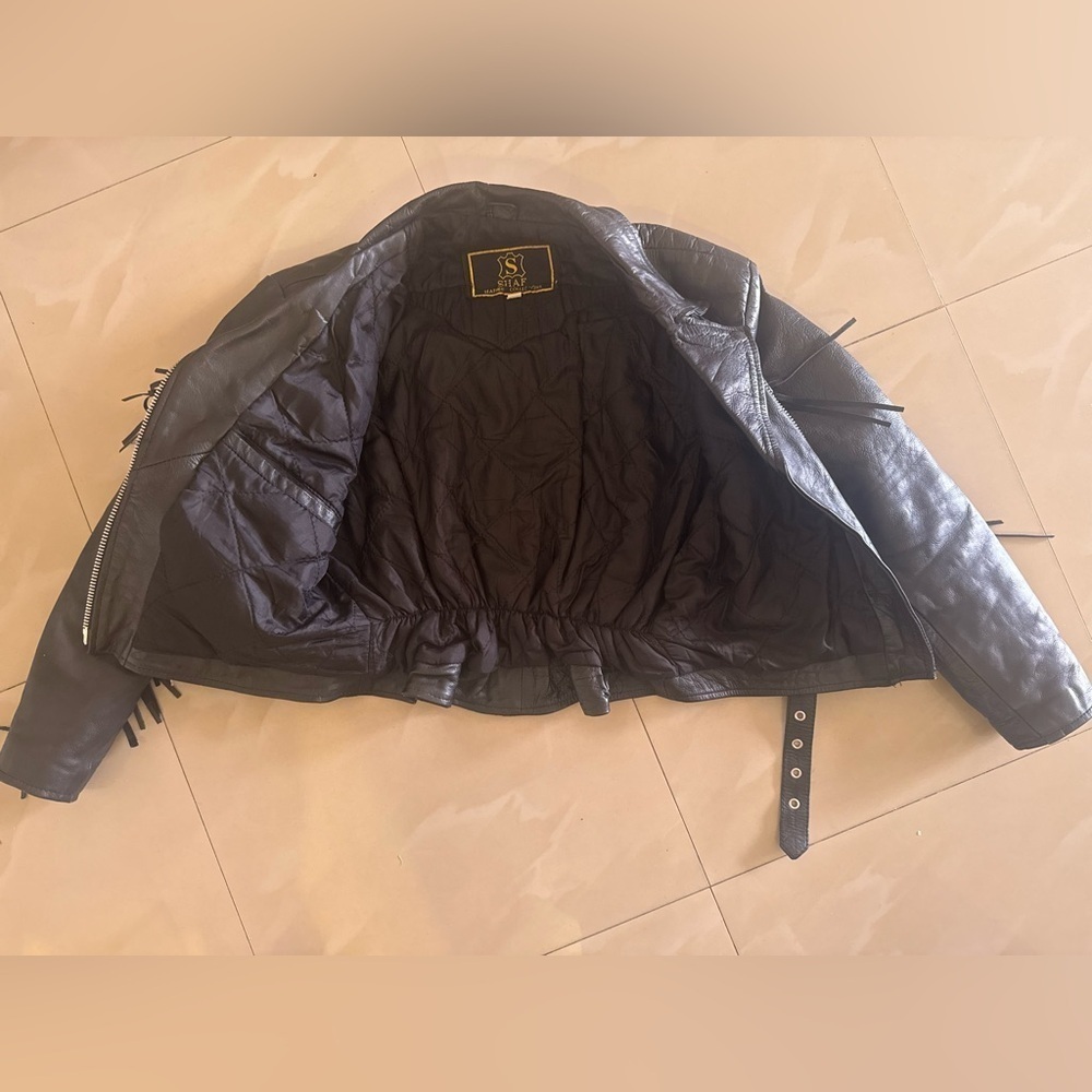 Vintage SHAF Black Leather Biker Jacket Fringe Motor Harley Davidson XL Motorcy - Picture 11 of 15